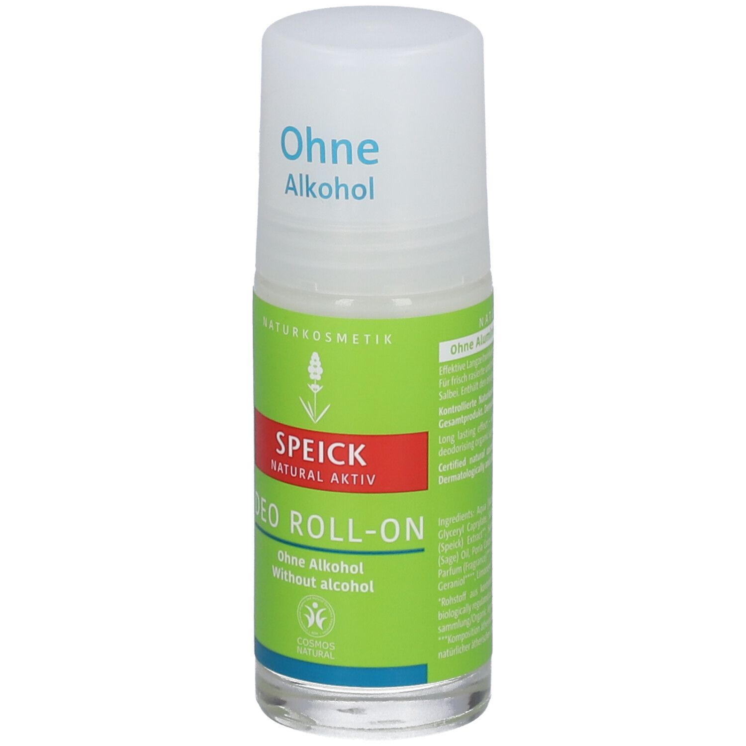 Speick Deo Roll-On. Zonder alcohol. Groene en rode etiketten. Witte dop.