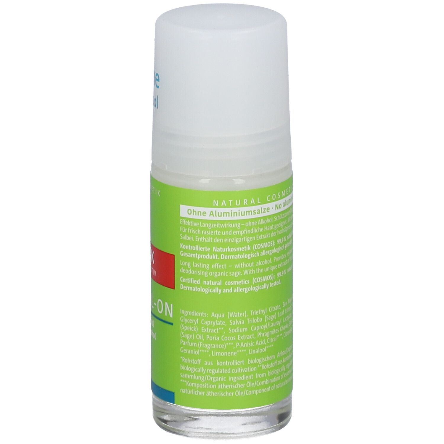 Speick Deo Roll-On. Groene etiketten met ingrediënten en certificeringen. Witte dop.