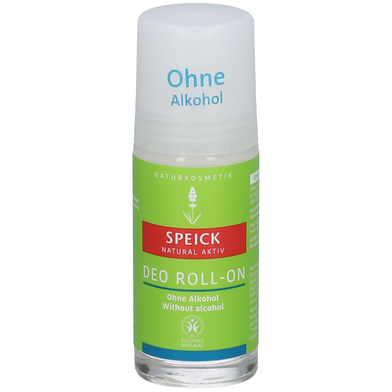 Speick Deo Roll-On. Zonder alcohol. Groene en rode etiketten. Witte dop.