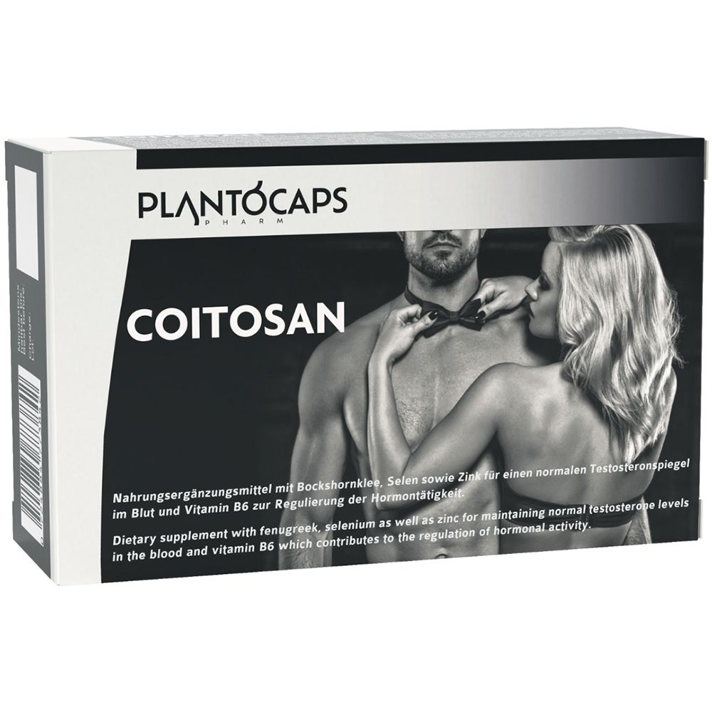 Doos met 60 capsules COITOSAN van PLANTOCAPS, met afbeelding van een koppel.