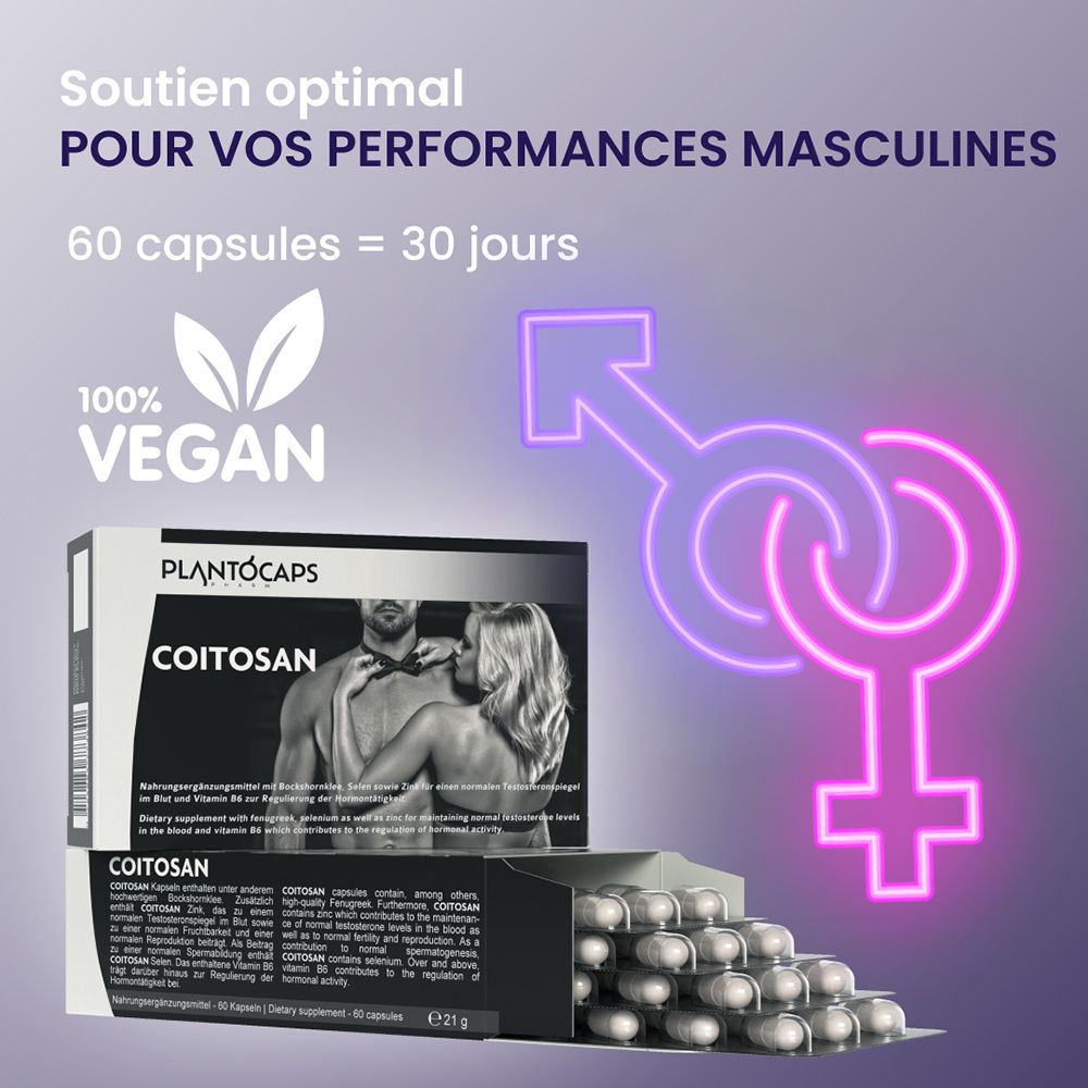 Boîte de 60 gélules COITOSAN de PLANTOCAPS, avec image d'un couple.