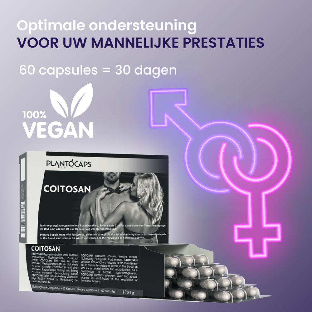 Doos met 60 capsules COITOSAN van PLANTOCAPS, met afbeelding van een koppel.