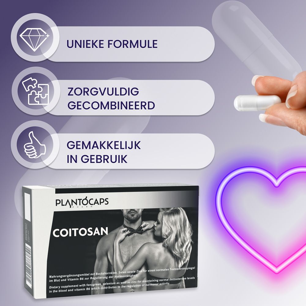 Doos met 60 capsules COITOSAN van PLANTOCAPS, met afbeelding van een koppel.