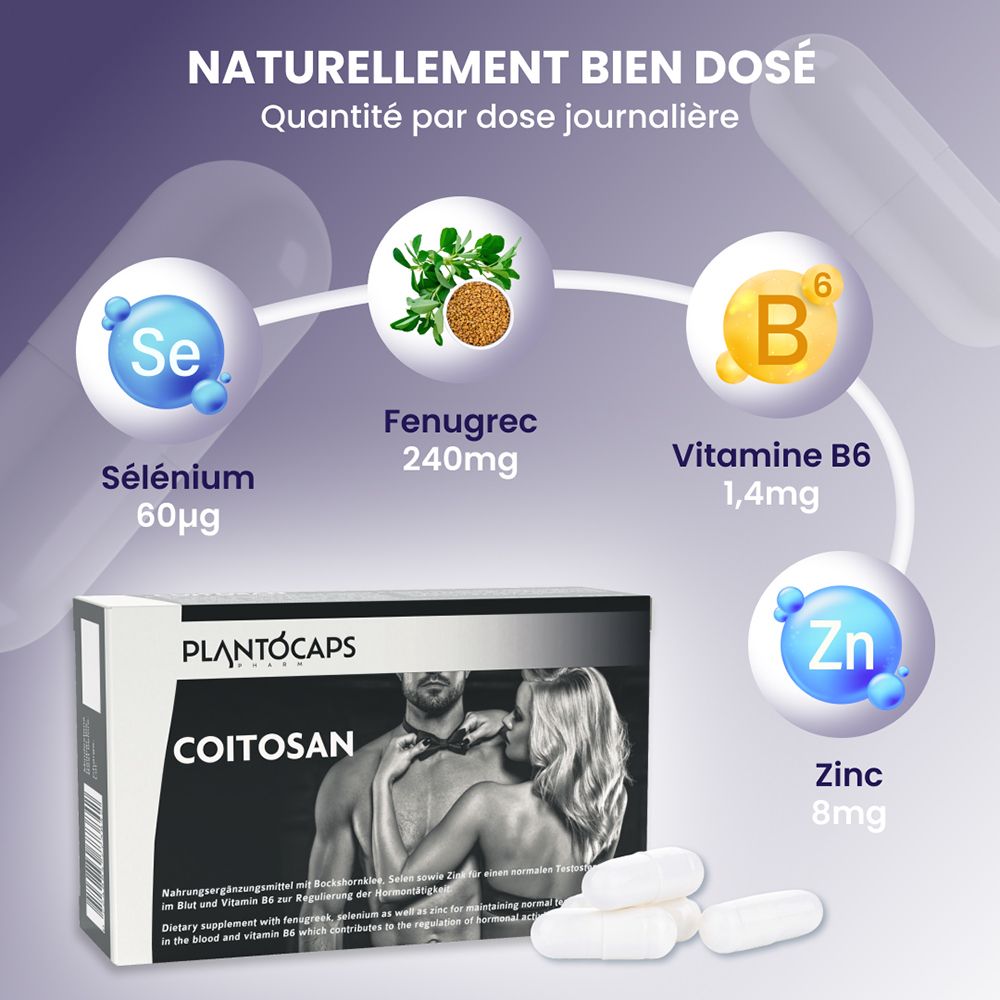 Boîte de 60 gélules COITOSAN de PLANTOCAPS, avec image d'un couple.