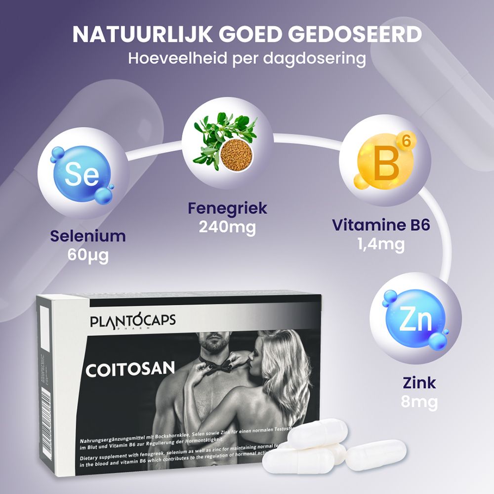 Doos met 60 capsules COITOSAN van PLANTOCAPS, met afbeelding van een koppel.