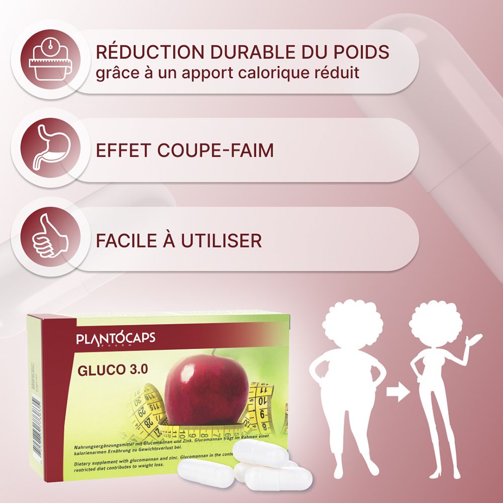 Arrière boîte PlantoCaps Gluco 3.0 avec liste d'ingrédients.