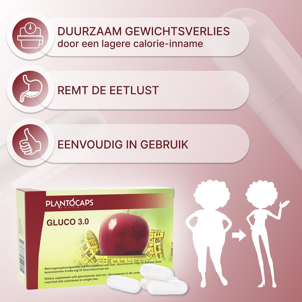 Achterkant verpakking PlantoCaps Gluco 3.0 met ingrediëntenlijst.