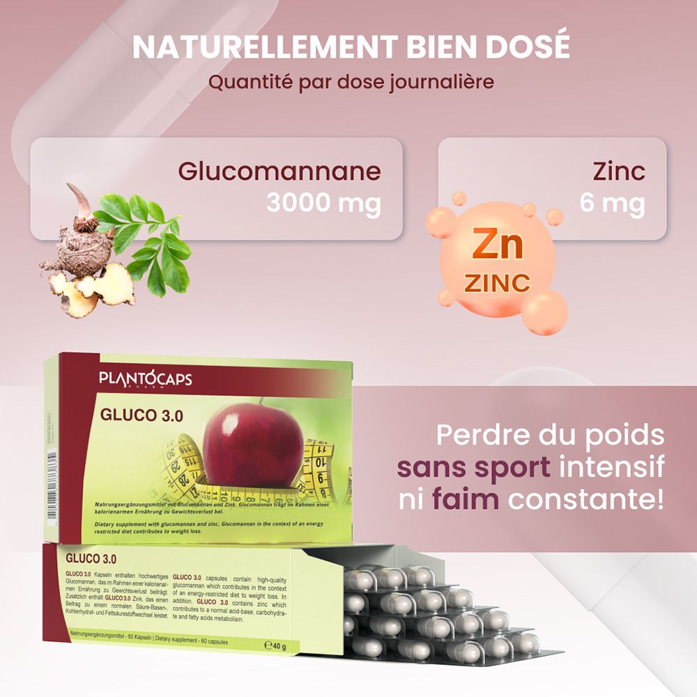 Boîte PlantoCaps Gluco 3.0, vue latérale avec infos produit.