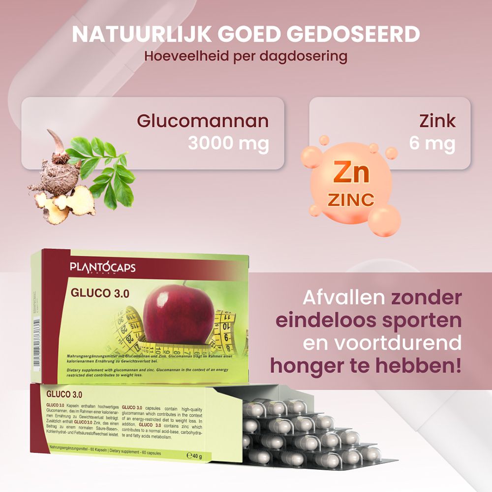Verpakking PlantoCaps Gluco 3.0, zijaanzicht met productinfo.