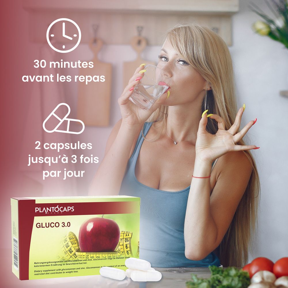 Boîte PlantoCaps Gluco 3.0 avec pomme et mètre ruban.