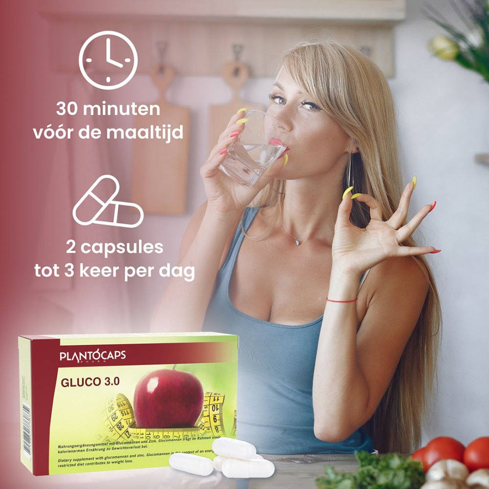 Verpakking plantoCAPS® GLUCO 3.0 met capsules, appel en meetlint. Vrouw drinkt water.