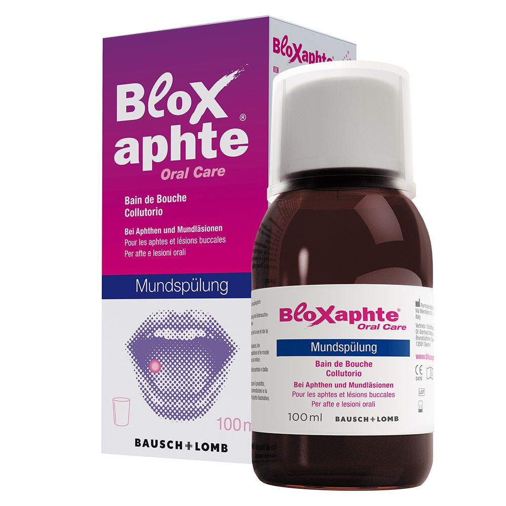 Bruine glazen fles met witte dop, naast de bijbehorende verpakking. Bevat 100ml mondspoeling.