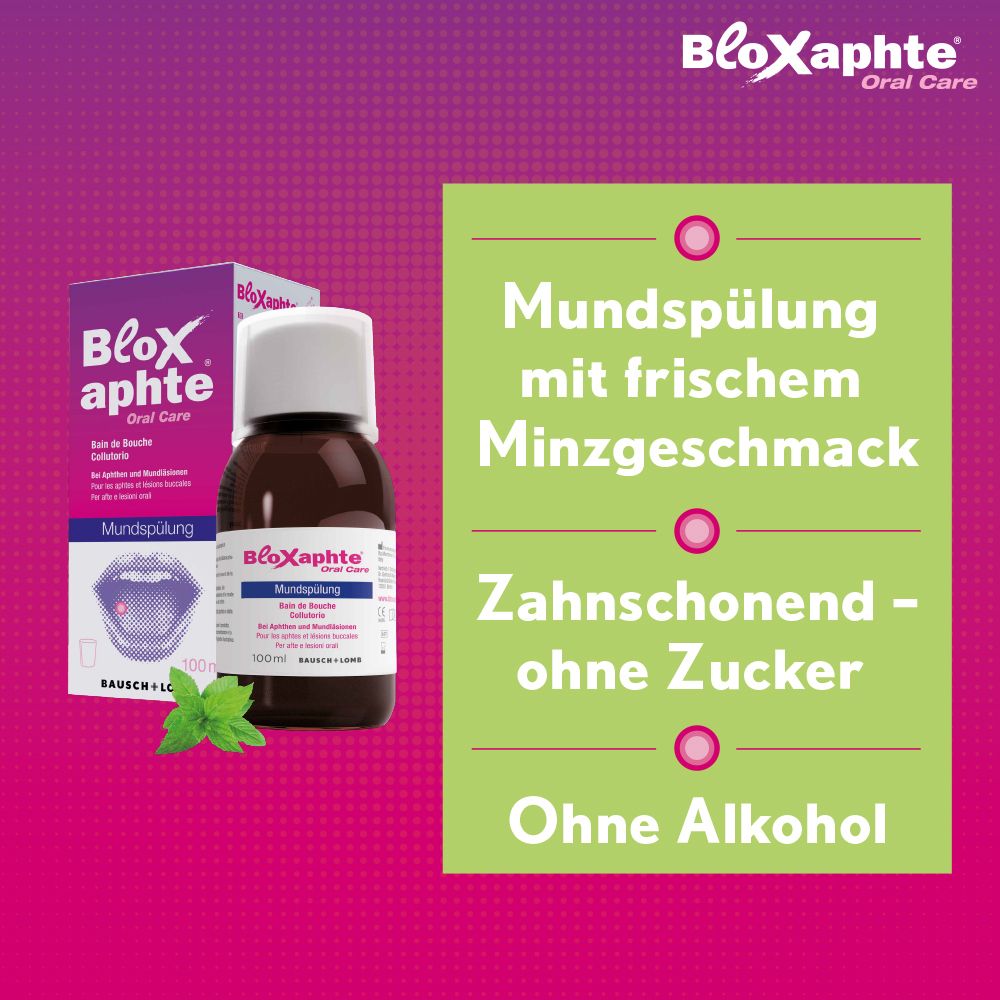 BloXaphte mondspoeling met muntsmaak, tandvriendelijk, zonder suiker en alcohol.