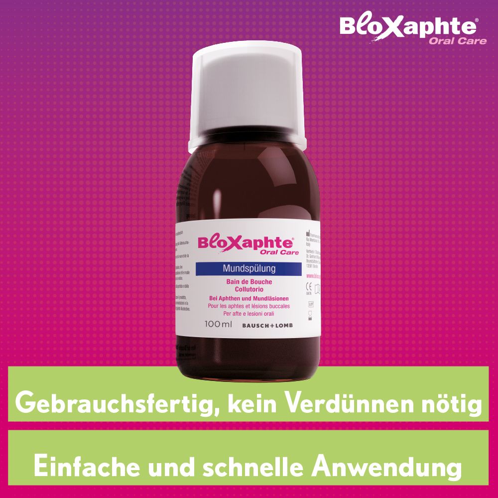 Bruine glazen fles met witte dop, 100ml mondspoeling. Etiket: BloXaphte Oral Care Mondspoeling.