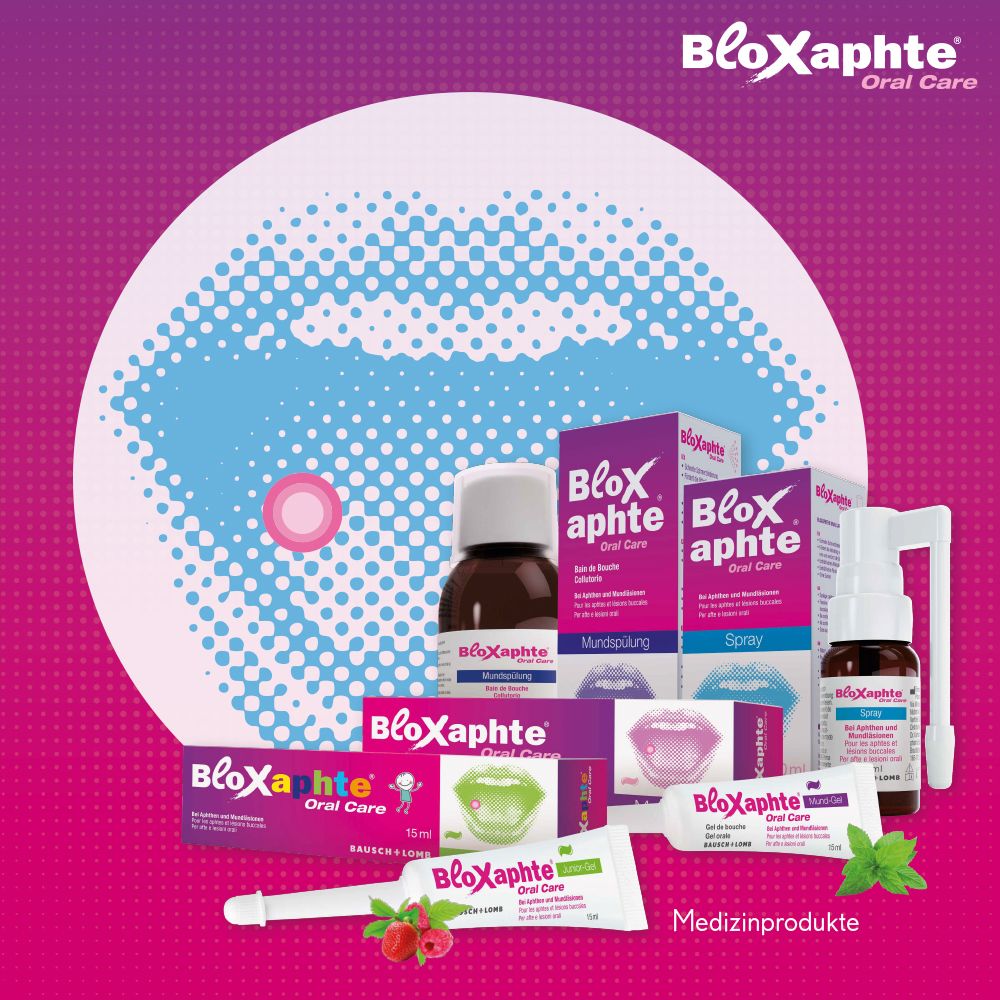 BloXaphte mondverzorgingsproducten: flesjes, sprays en tubes in paarse verpakking.