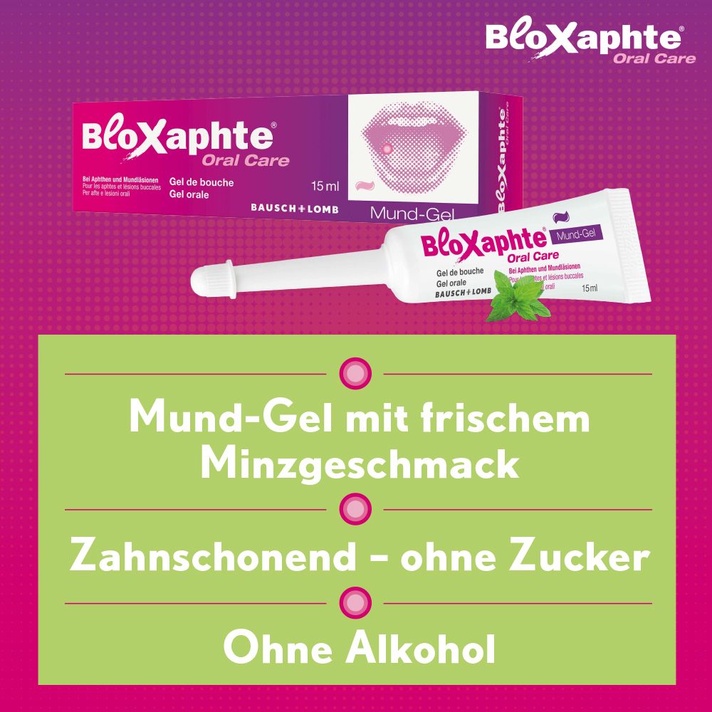 Gel buccal BloXaphte avec applicateur, 15ml. Saveur menthe fraîche, sans sucre et sans alcool.
