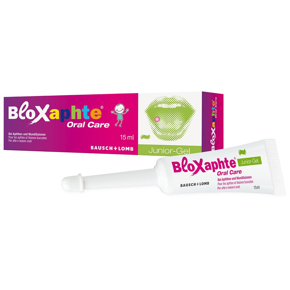 Mondgel en verpakking. Tube met applicator. Opschrift: BloXaphte Oral Care Junior-Gel. 15 ml.