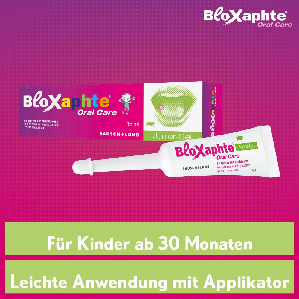 Mondgel en verpakking. Tekst: Voor kinderen vanaf 30 maanden. Gemakkelijk aan te brengen met applicator. BloXaphte.