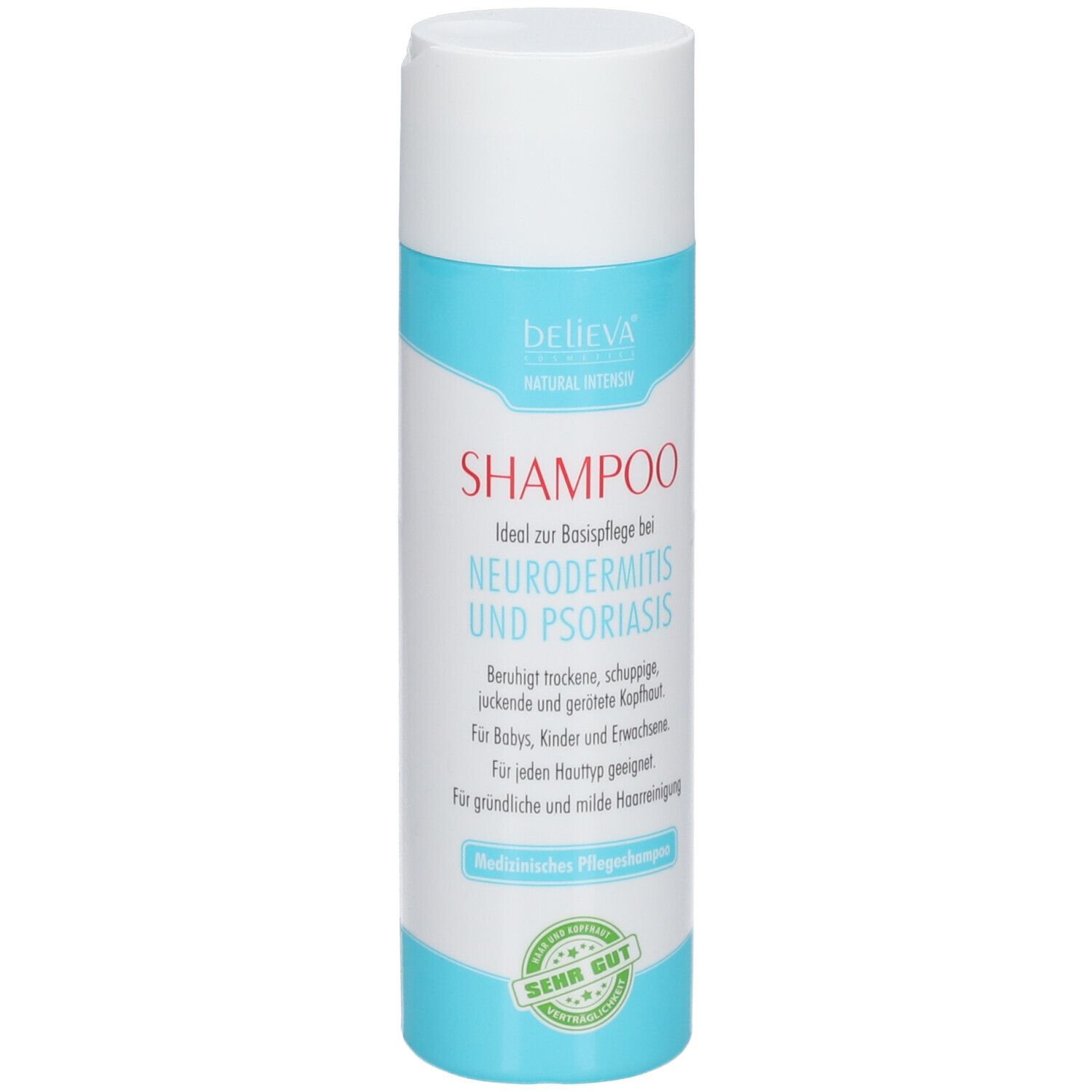 Flacon cylindrique de shampooing BELIEVA®. Bouchon blanc, partie centrale bleu clair. Texte: Shampooing pour la neurodermite et le psoriasis.