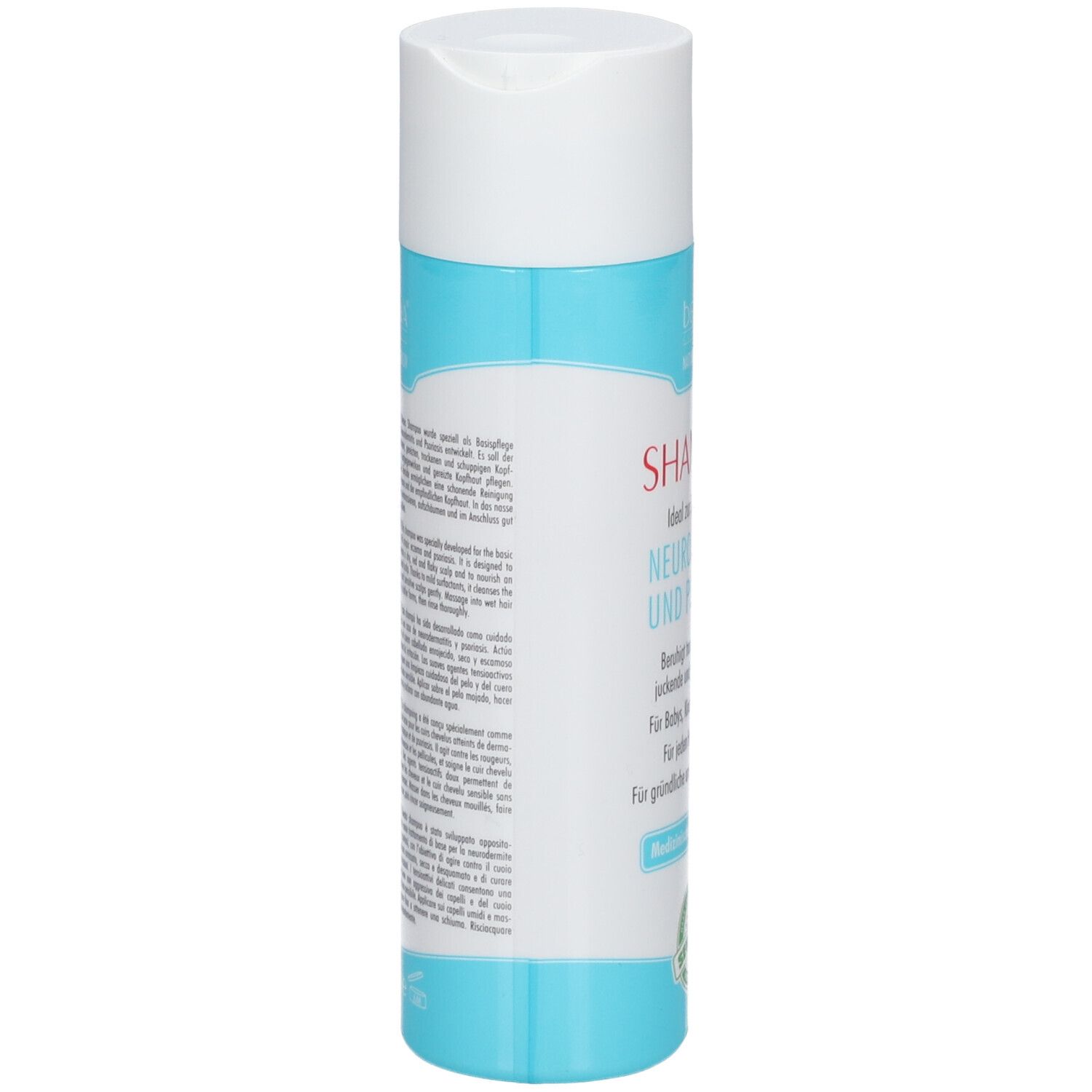 Dos du flacon de shampooing. Texte en plusieurs langues. Partie centrale bleu clair. Bouchon blanc. Nom du produit non visible.