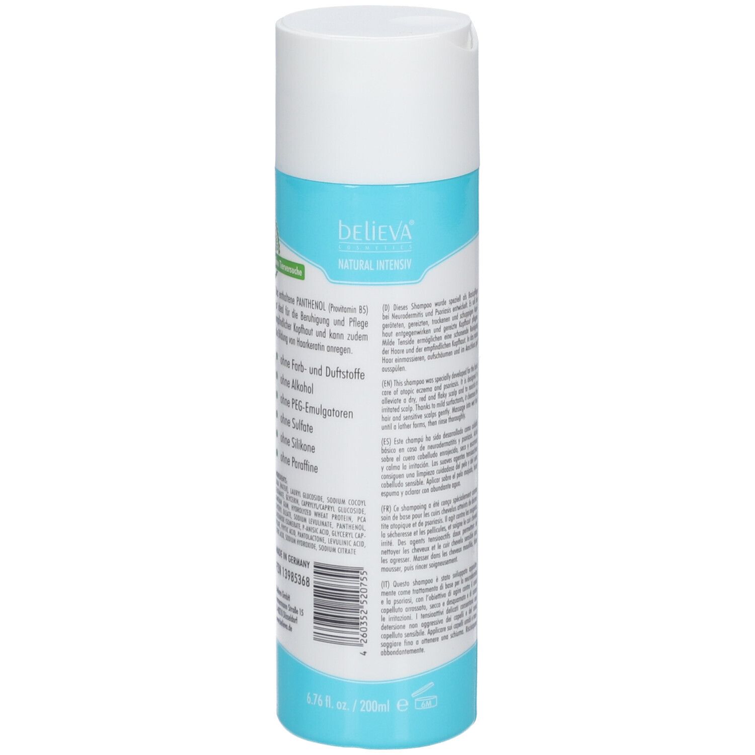 Dos du flacon de shampooing. Texte en plusieurs langues. Partie centrale bleu clair. Bouchon blanc. Nom du produit non visible.