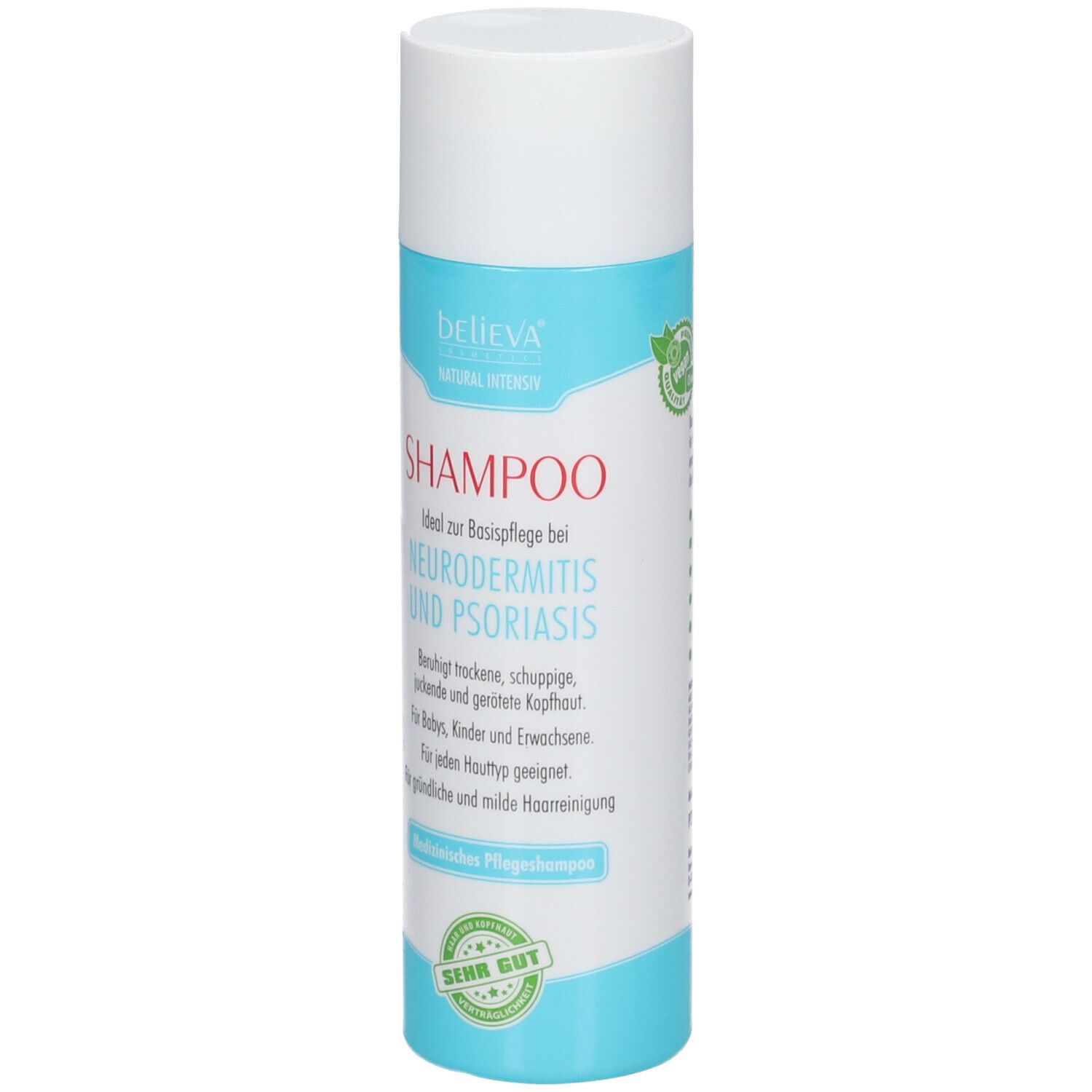 Flacon cylindrique de shampooing BELIEVA®. Bouchon blanc, partie centrale bleu clair. Texte: Shampooing pour la neurodermite et le psoriasis.