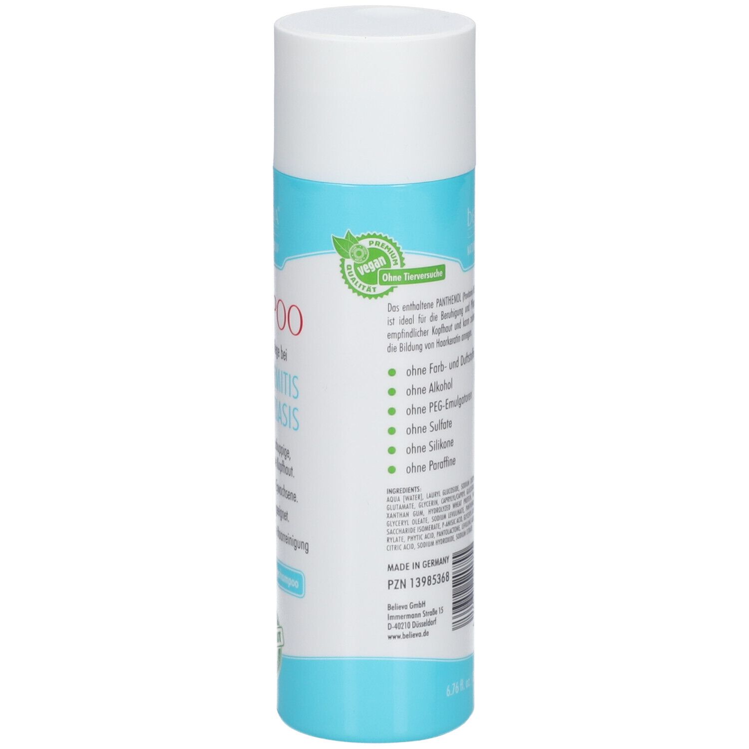 Dos du flacon de shampooing. Texte en plusieurs langues. Partie centrale bleu clair. Bouchon blanc. Nom du produit non visible.