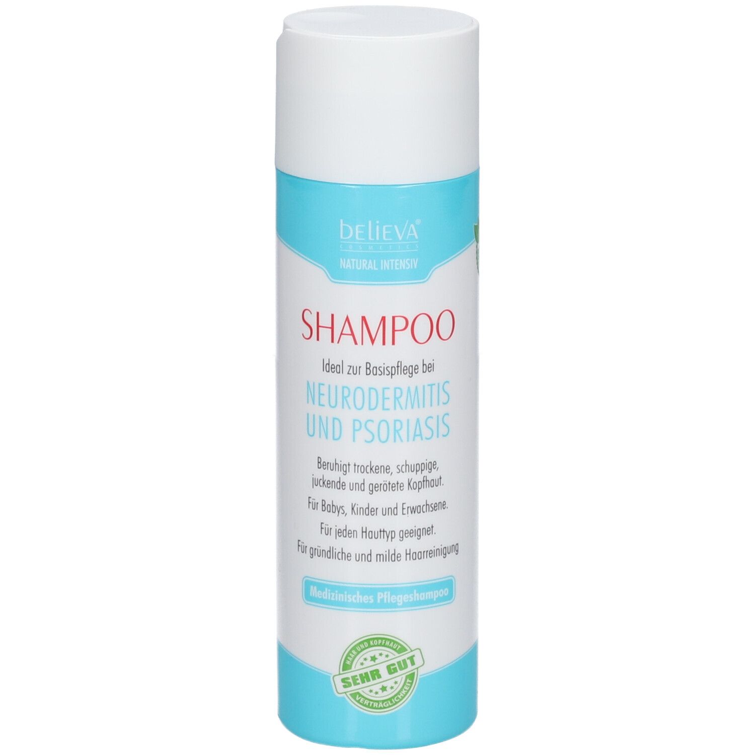 Flacon cylindrique de shampooing BELIEVA®. Bouchon blanc, partie centrale bleu clair. Texte: Shampooing pour la neurodermite et le psoriasis.