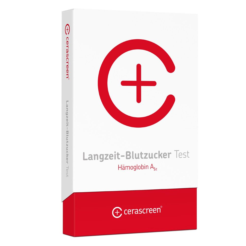 Verpakking van de cerascreen® Langetermijn-bloedsuikertest. Wit met rood logo en tekst. Productnaam en HbA1c-aanduiding.