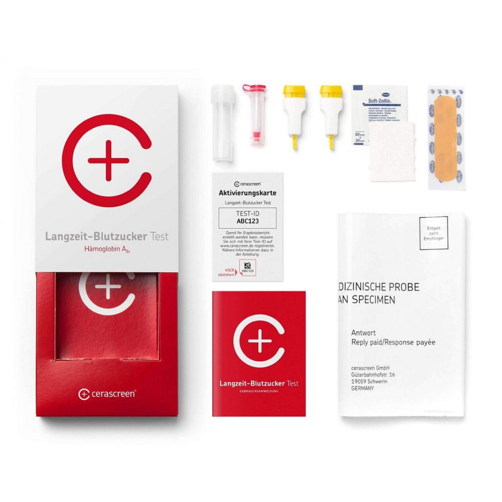 Open verpakking van de cerascreen® Langetermijn-bloedsuikertest. Inhoud: testcassette, activeringskaart, accessoires en instructies.