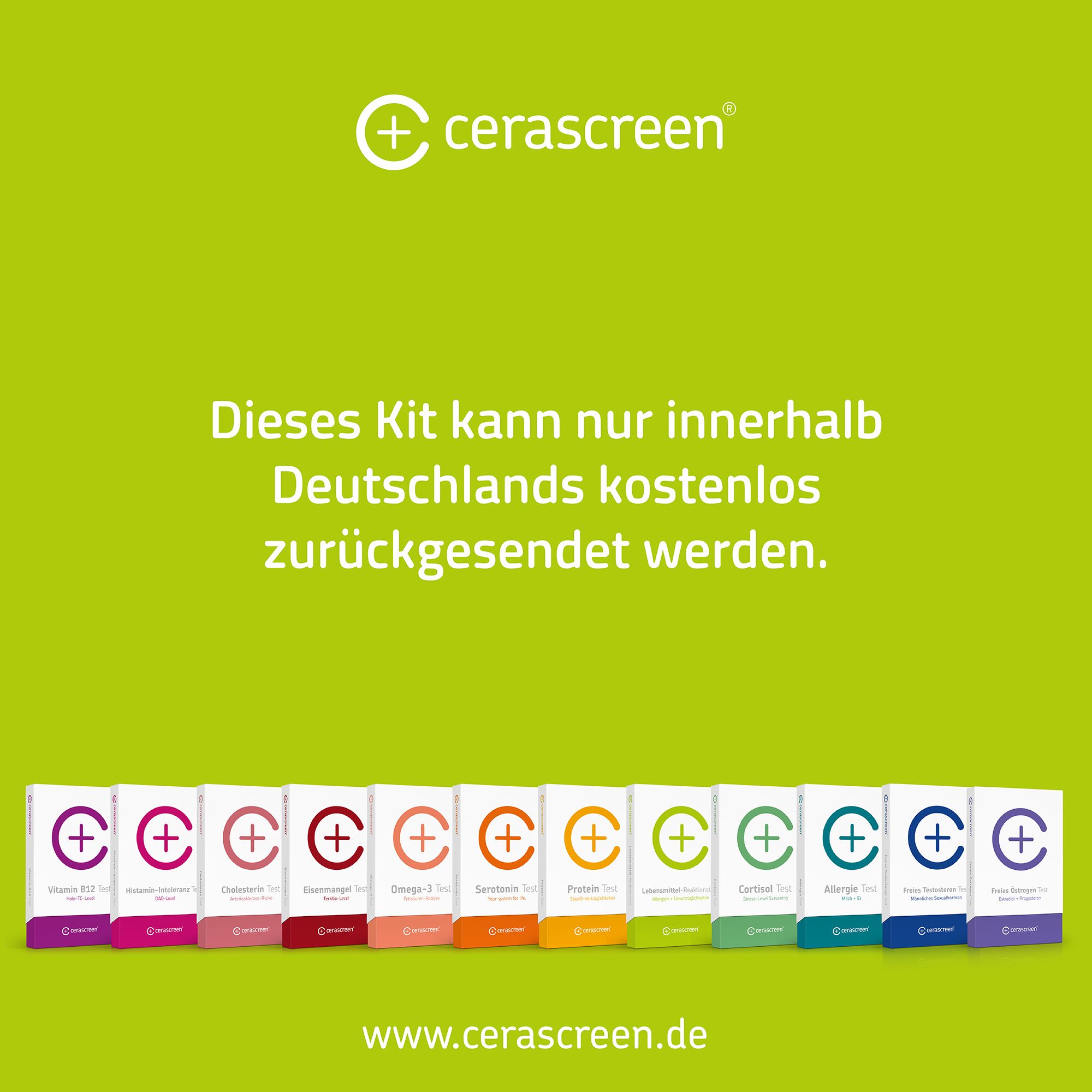 Reclame met verschillende cerascreen® testkits. Tekst: Gratis retourneren binnen Duitsland.