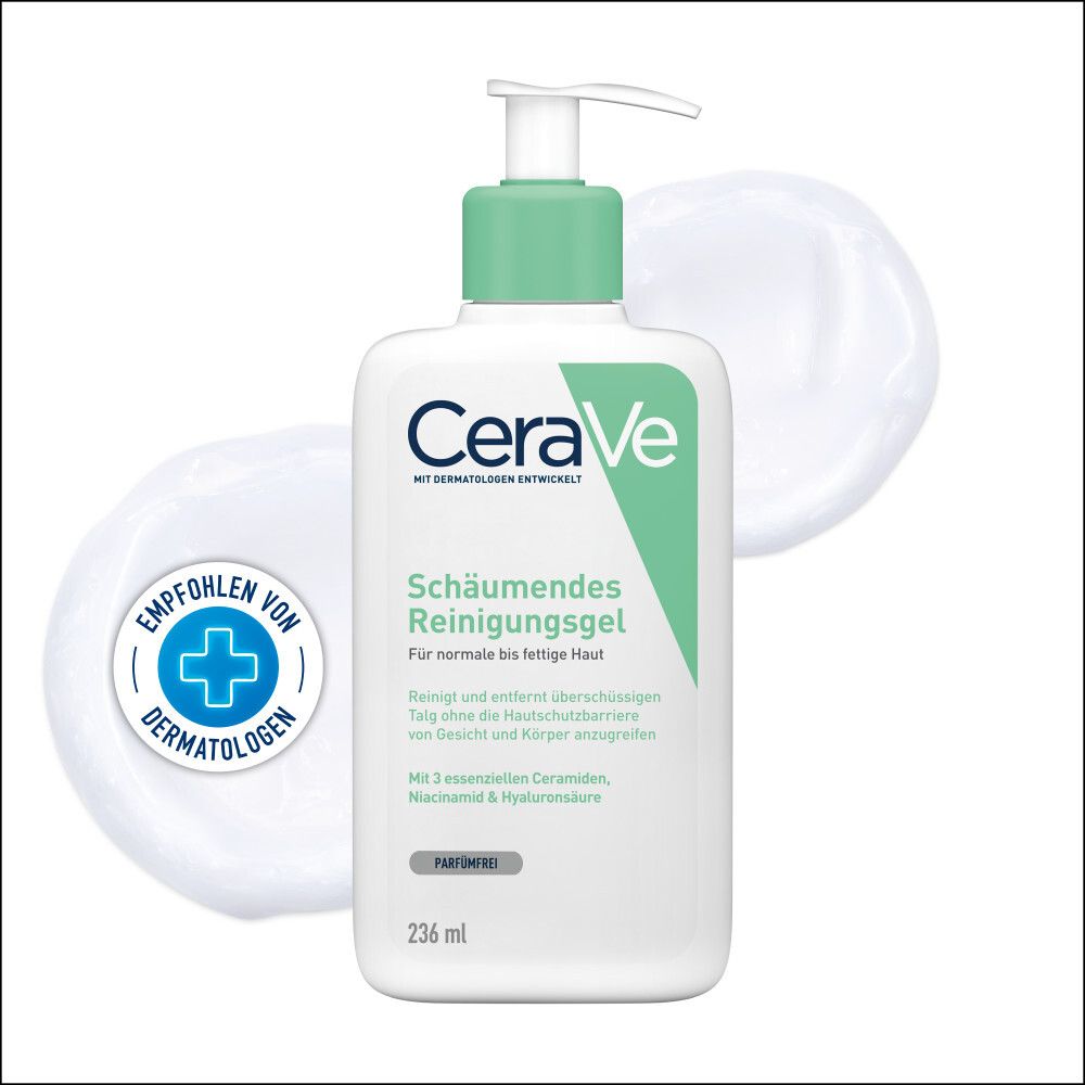 Gel nettoyant moussant CeraVe dans une bouteille blanche à pompe, 236 ml. Recommandé par les dermatologues.