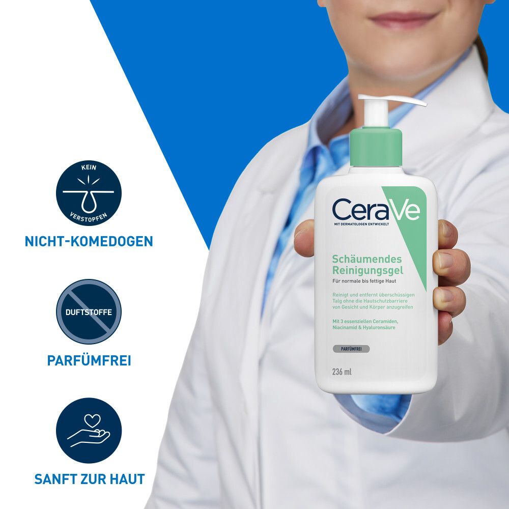 Gel nettoyant moussant CeraVe dans une bouteille blanche à pompe, 236 ml. Non comédogène, sans parfum, doux pour la peau.