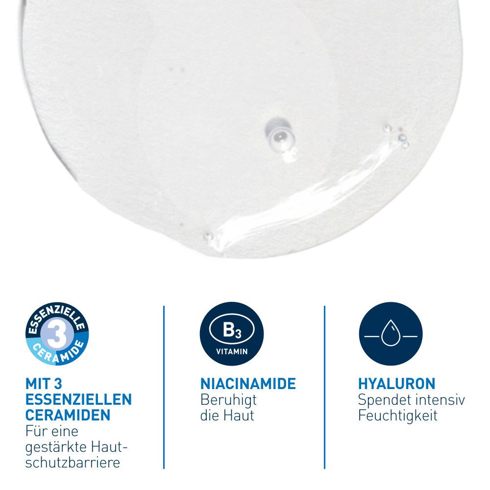 Liquide clair avec icônes pour 3 céramides essentiels, niacinamide et hyaluron.