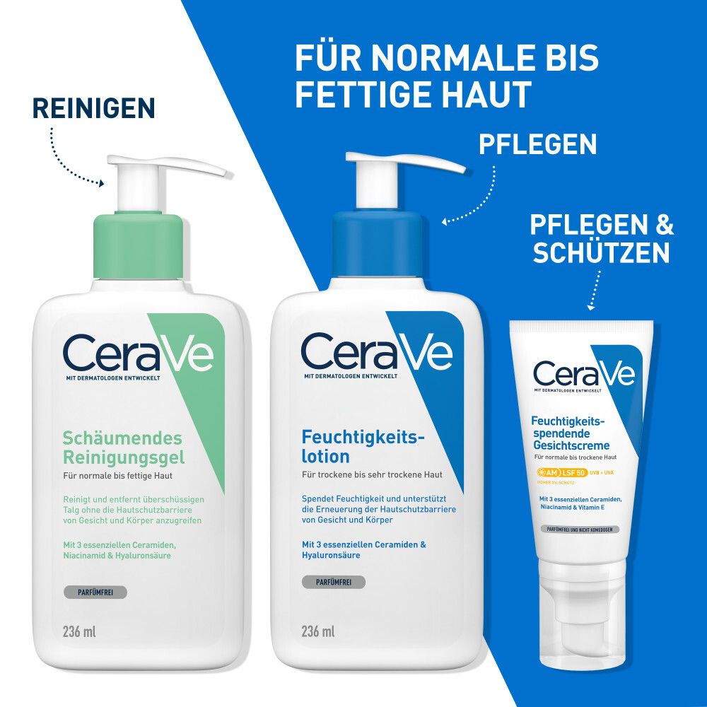 Trois produits de soin CeraVe : gel nettoyant moussant, lotion hydratante et crème visage hydratante avec SPF.