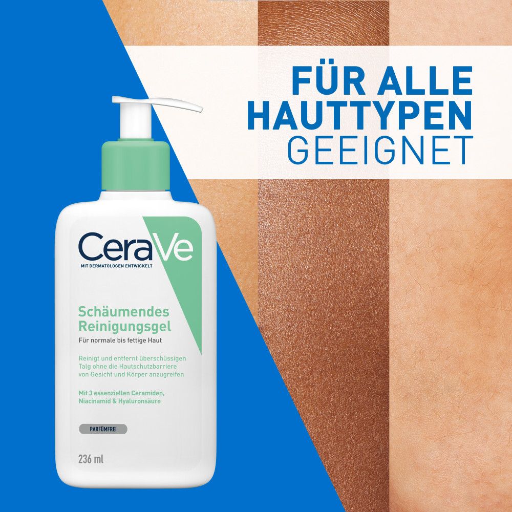 Gel nettoyant moussant CeraVe dans un flacon pompe blanc, 236 ml. Convient à tous les types de peau.