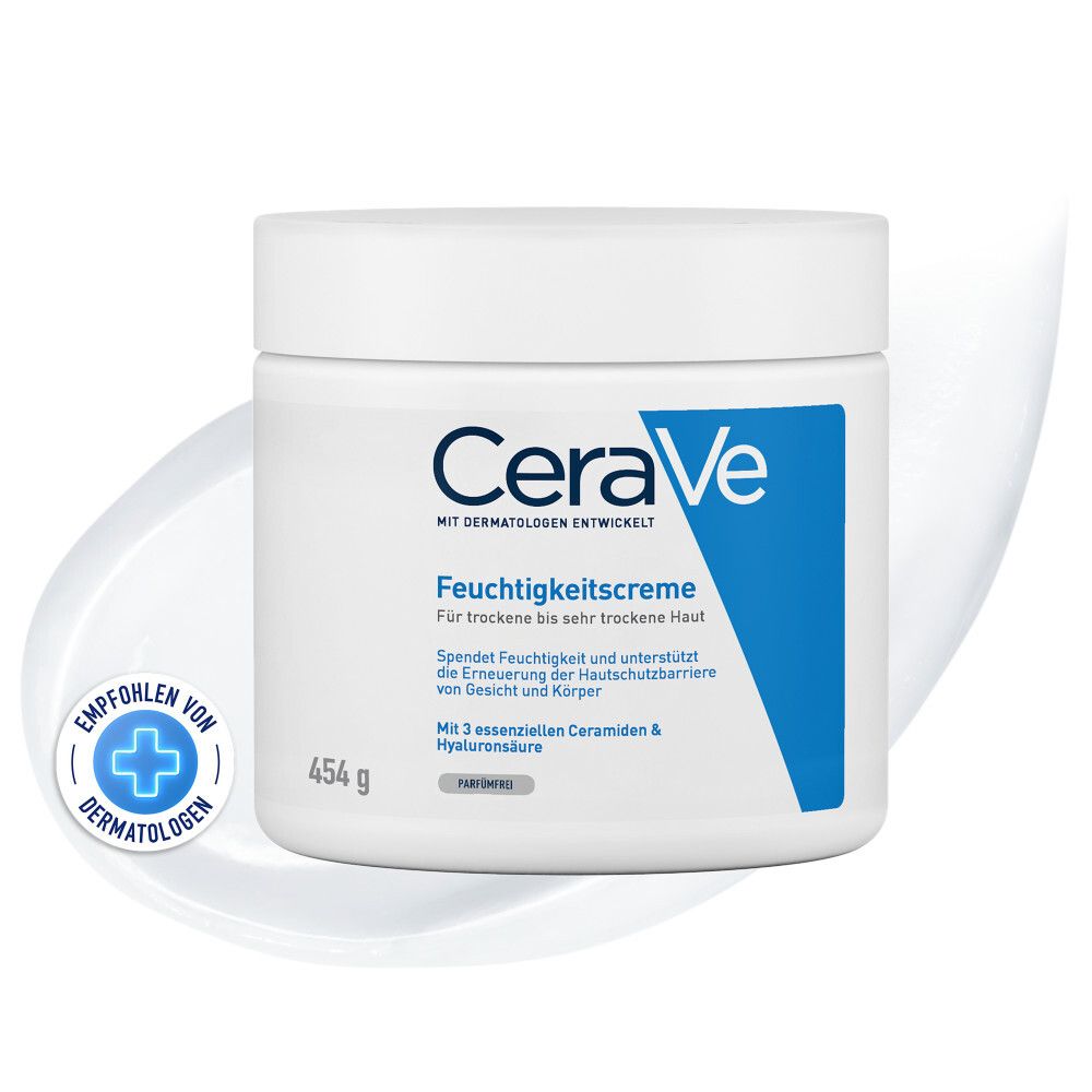 Pot de crème blanc avec accent bleu. Inscription CeraVe et crème hydratante. Recommandé par les dermatologues.