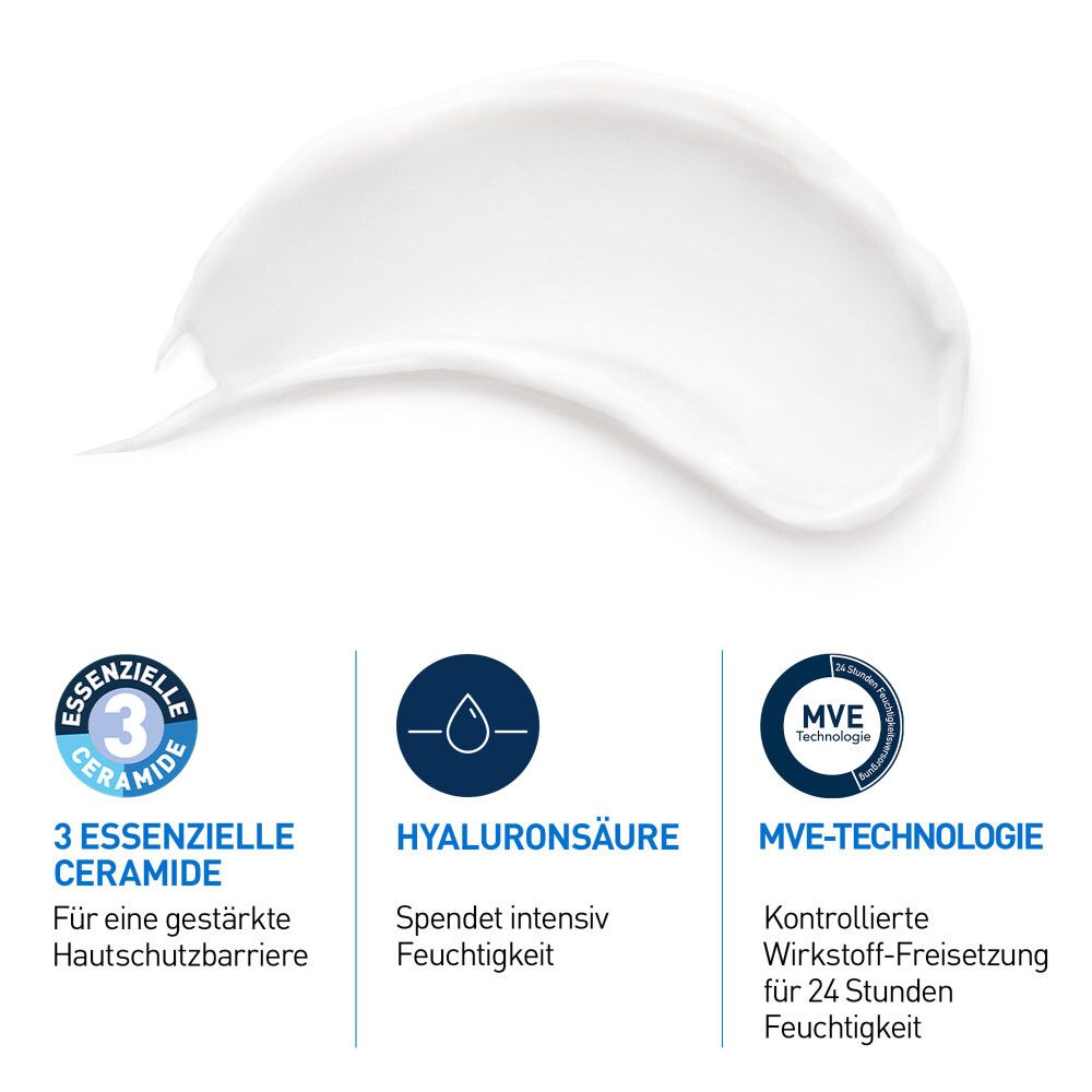 Pot de crème blanc avec accent bleu. Inscription CeraVe et crème hydratante. Développé avec des dermatologues.