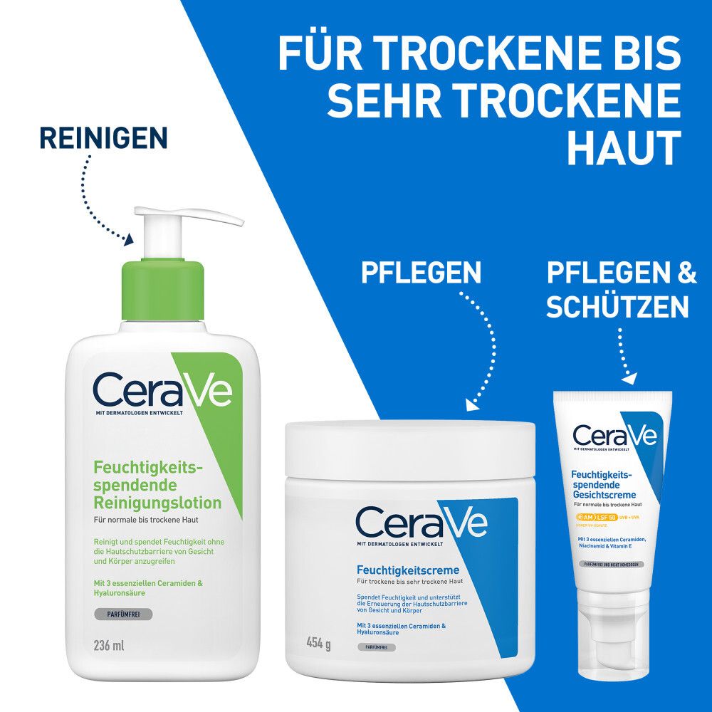 Personne appliquant de la crème. Inscription CeraVe et crème hydratante. Convient pour le visage, le corps et les mains.