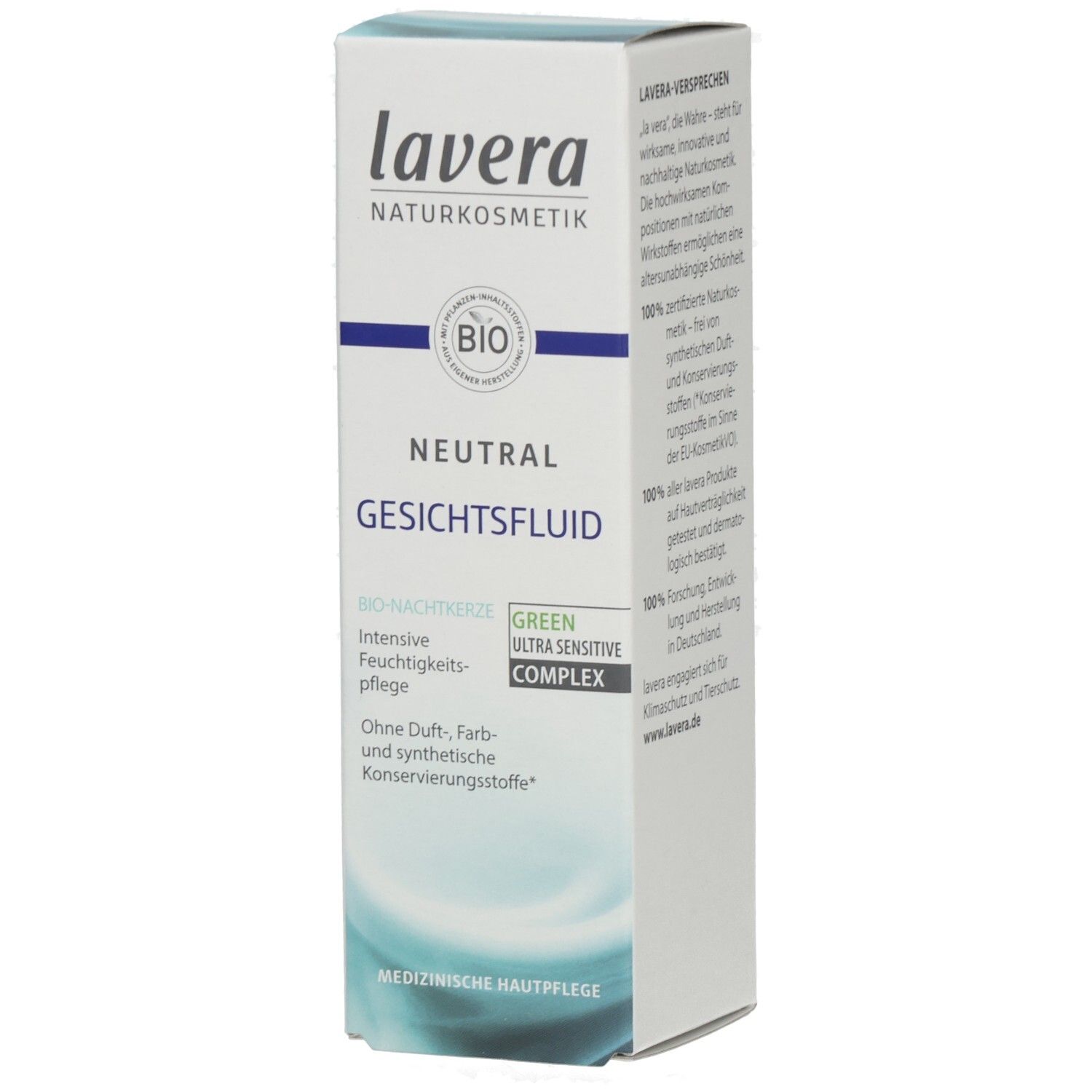 Lavera Neutral Gesichtsfluid dans un flacon pompe blanc avec capuchon transparent. Sceau bio et informations produit sur l'étiquette.