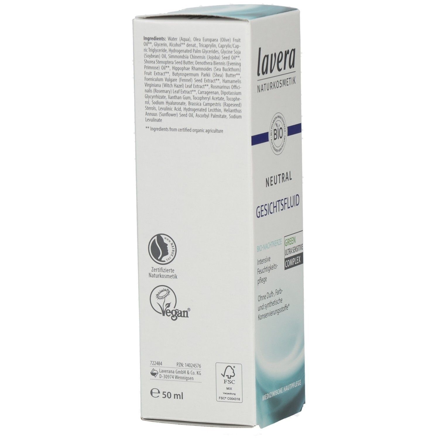 Lavera Neutral Gesichtsfluid, vue de côté. Étiquette avec sceau bio, infos produit et 'Made in Germany'. 50ml.