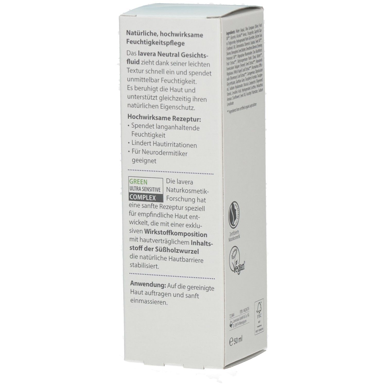 Lavera Neutral Gesichtsfluid, vue arrière. Étiquette avec informations détaillées sur le produit, sceau bio et origine.