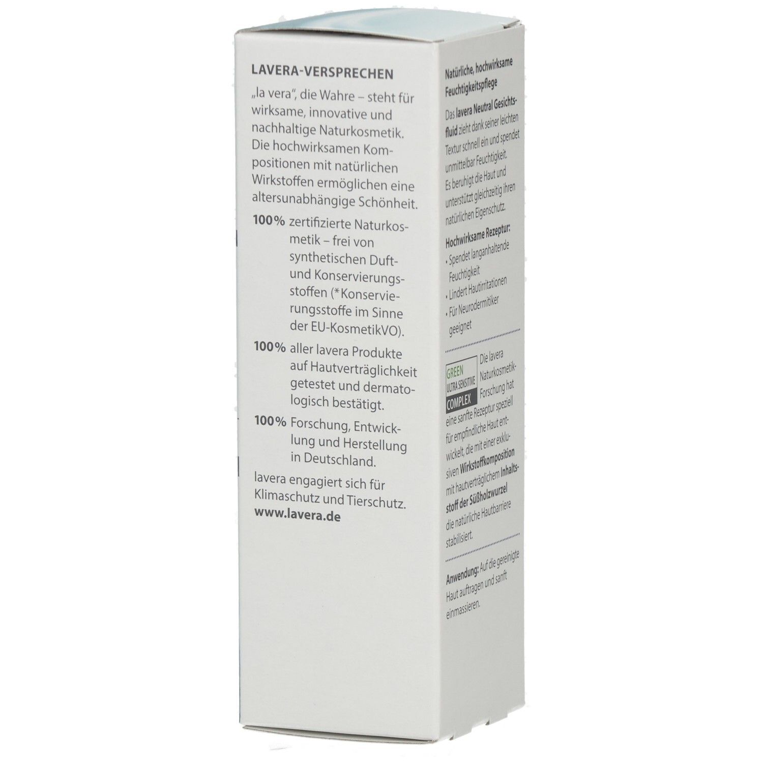 Lavera Neutral Gesichtsfluid, vue de côté. Étiquette avec sceau bio et informations produit.