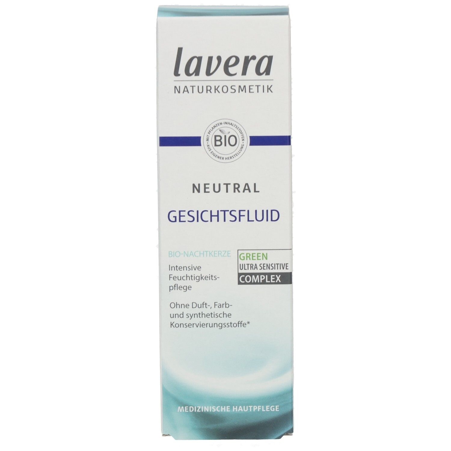 Lavera Neutral Gesichtsfluid dans un flacon pompe blanc avec capuchon transparent. Sceau bio et informations produit sur l'étiquette.