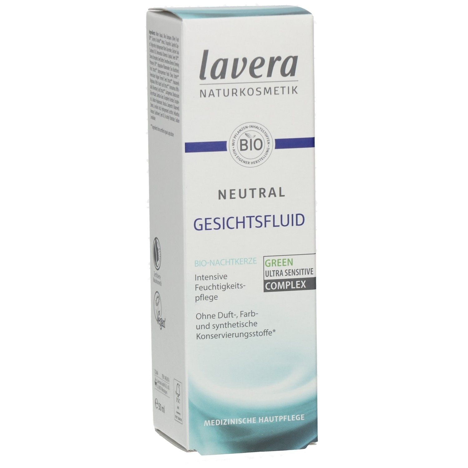 Lavera Neutral Gesichtsfluid dans un flacon pompe blanc avec capuchon transparent. Sceau bio et informations produit sur l'étiquette.