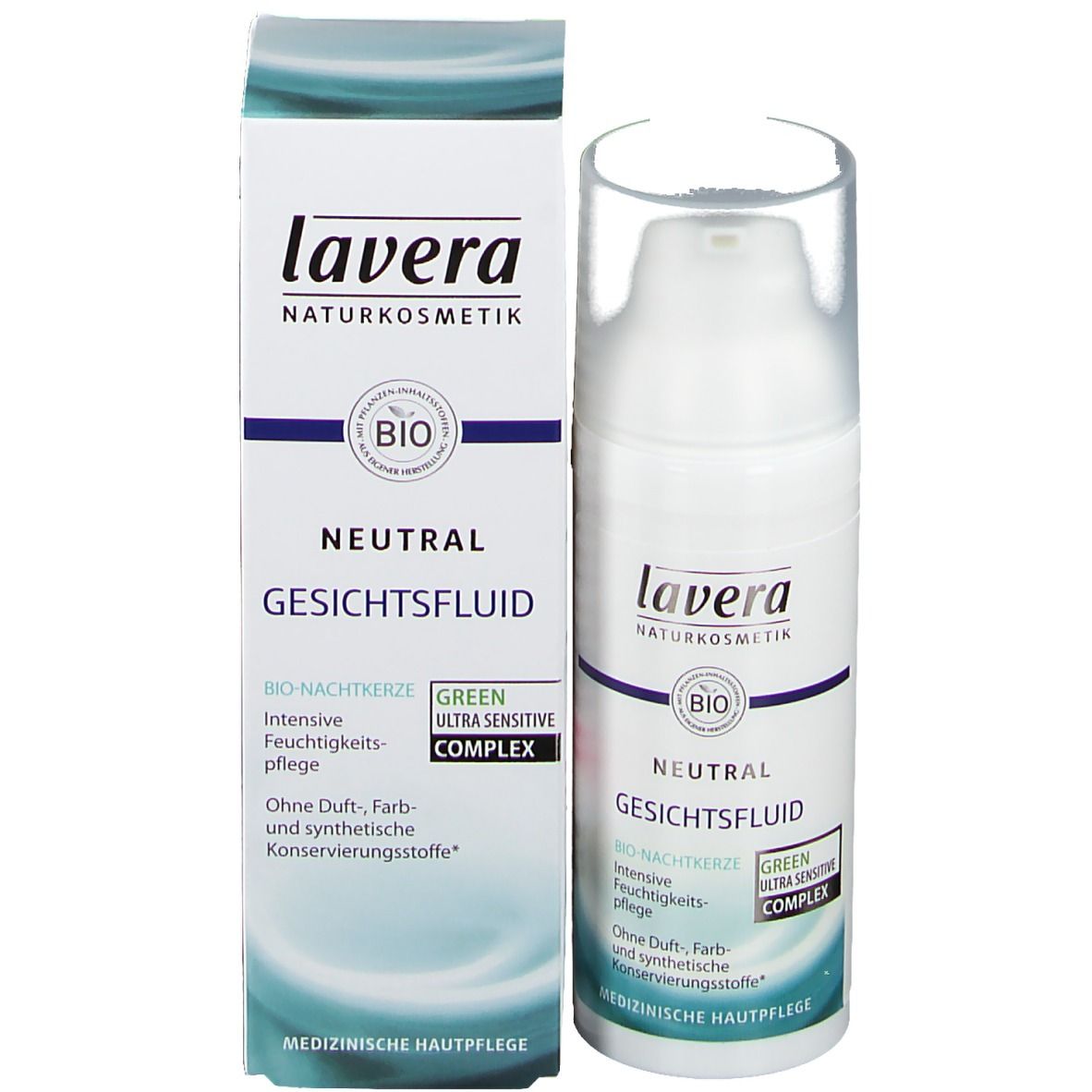 Flacon et boîte pliante Lavera Neutral Gesichtsfluid. Sceau bio, infos produit et 'Soin dermatologique'.
