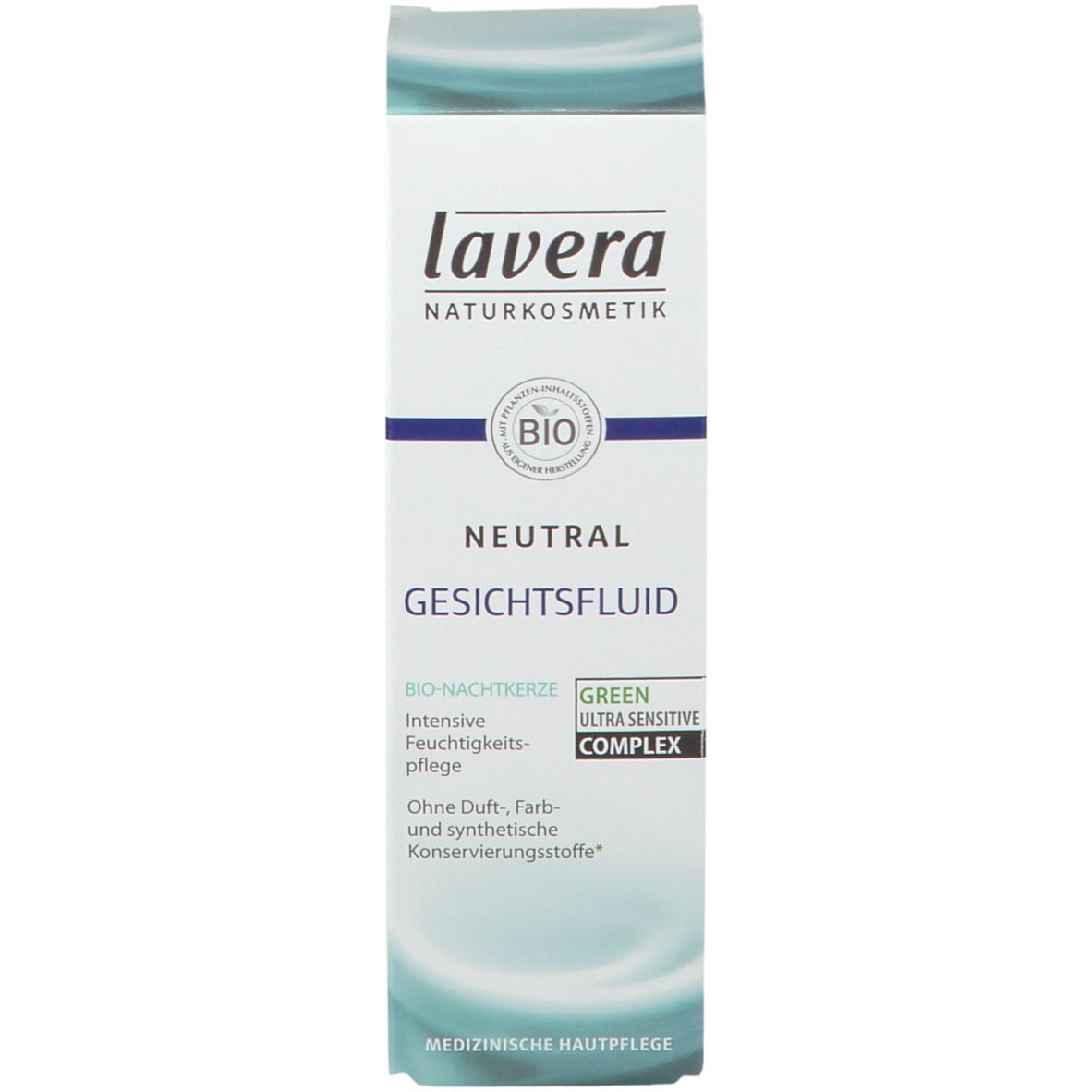 Boîte pliante Lavera Neutral Gesichtsfluid. Sceau bio, infos produit et 'Soin dermatologique'.