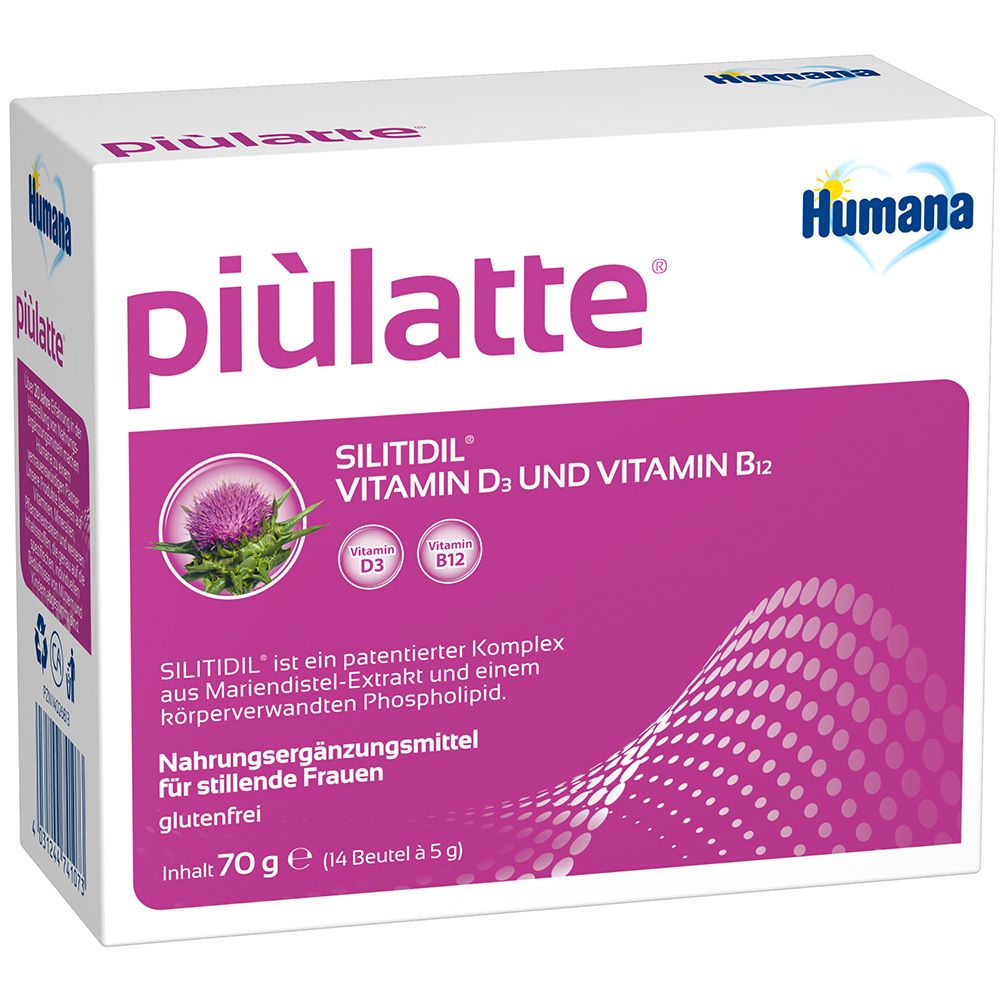 Witte doos met roze label. Opschrift: piùlatte, SILITIDIL Vitamine D3 en B12. Humana logo.