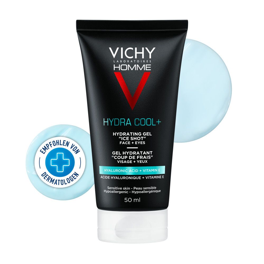 Tube noir. VICHY HOMME, Hydra Cool+, gel hydratant visage et yeux. Acide hyaluronique et vitamine E. Recommandé par les dermatologues.
