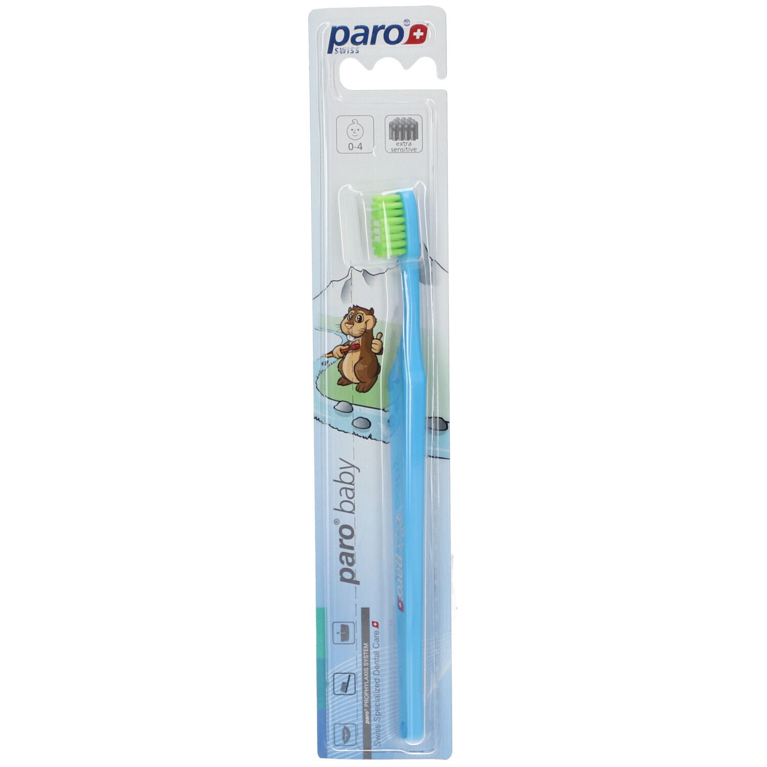 Lichtblauwe tandenborstel met groene borstelkop in verpakking. Merk: paro baby.